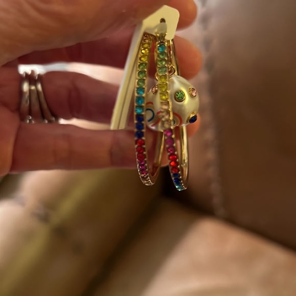 Betsey Johnson Rainbow Multi-Color Stones Snap Bar Close Hoop Earrings - Picture 4 of 10